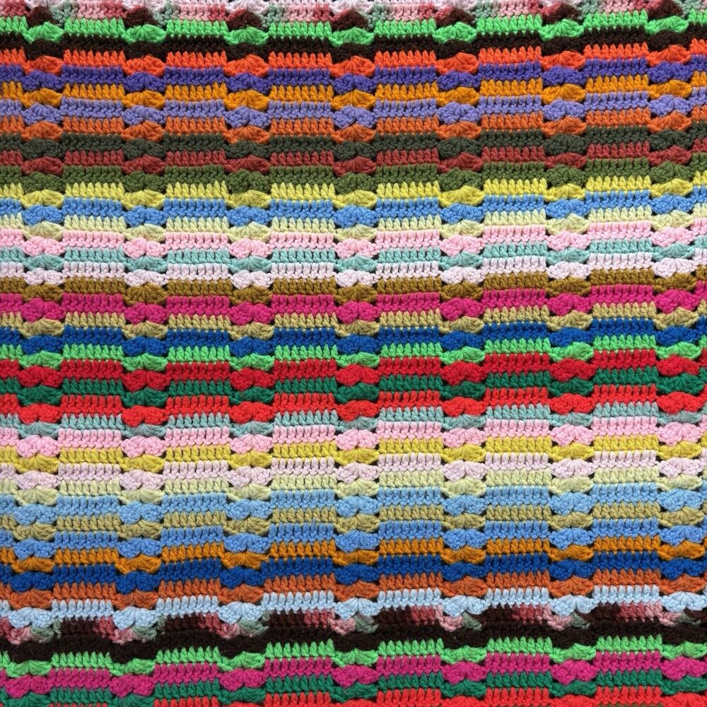 Vtg Handmade Crochet Lap Blanket Afghan Throw 51”x62” Multicolor Stripe Rainbow - Picture 3 of 10